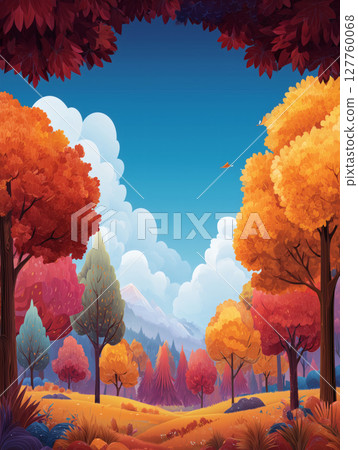 卡通風格秋天的紅色黃色森林 127760068