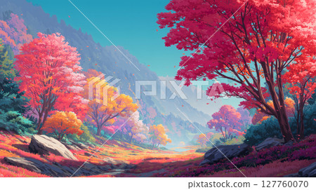 卡通風格秋天的紅色黃色森林 127760070