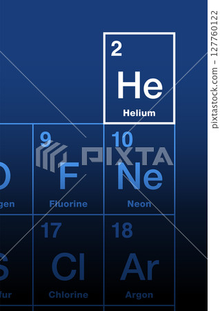 Helium on the periodic table of the elements. Chemical element with atomic number 2 and symbol He, from the Greek word helios for sun. Inert, monatomic, noble gas, used for lasers and other purposes. Helium on the periodic table of the elements. Chemical element with atomic number 2 and symbol He, from the Greek word helios for sun. Inert, monatomic, noble gas, used for lasers and other purposes. 127760122