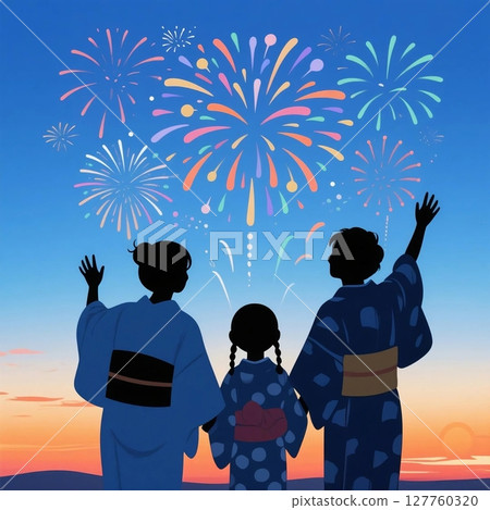 夏日傍晚一家人穿著浴衣觀賞煙火秀的插畫 127760320