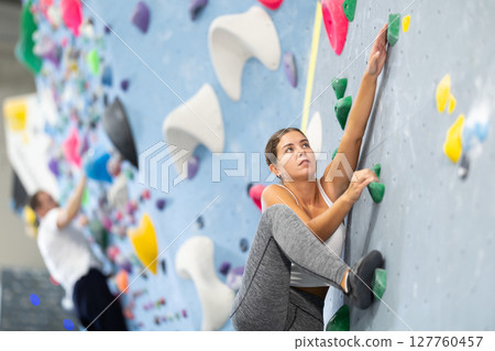 Sportive woman climbing on artificial rock wall in rock climbing gym Sportive woman climbing on artificial rock wall in rock climbing gym 127760457