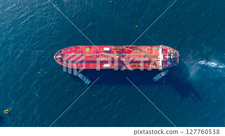 Aerial view oil ship tanker vessel loading and unloading in oil terminal station refinery, Global business import export logistic transport sea freight cargo tanker, Red crude oil tanker ship at port. 127760538