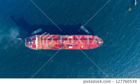 Aerial view oil ship tanker vessel loading and unloading in oil terminal station refinery, Global business import export logistic transport sea freight cargo tanker, Red crude oil tanker ship at port. Aerial view oil ship tanker vessel loading and unloading in oil terminal station refinery, Global business import export logistic transport sea freight cargo tanker, Red crude oil tanker ship at port. 127760539