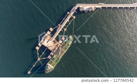 Aerial view oil ship tanker vessel loading and unloading in oil terminal station refinery, Global business import export logistic transport sea freight cargo tanker, Red crude oil tanker ship at port. Aerial view oil ship tanker vessel loading and unloading in oil terminal station refinery, Global business import export logistic transport sea freight cargo tanker, Red crude oil tanker ship at port. 127760542