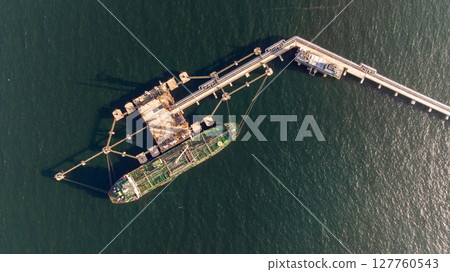 Aerial view oil ship tanker vessel loading and unloading in oil terminal station refinery, Global business import export logistic transport sea freight cargo tanker, Red crude oil tanker ship at port. Aerial view oil ship tanker vessel loading and unloading in oil terminal station refinery, Global business import export logistic transport sea freight cargo tanker, Red crude oil tanker ship at port. 127760543
