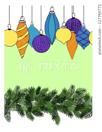 Pine tree branch and Christmas toys Frame seamless border template. Vector graphic line ink illustration. Perfect for cards, decorations, stickers, logo, menu, various designs. 127760773