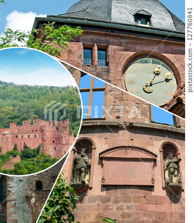 The castle (castle ruin) in Heidelberg, Baden Wuerttemberg, Germany, travel destinations, European touristic sightseeing. Collage. Mosaic pattern. The castle (castle ruin) in Heidelberg, Baden Wuerttemberg, Germany, travel destinations, European touristic sightseeing. Collage. Mosaic pattern. 127760841