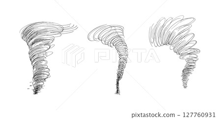 Black and white tornado outline vector sketch in energetic pen strokes. Abstract ink art of swirling wind motion in hurricane for logos, posters and sci fi themes. Spiral minimalist line illustration. Black and white tornado outline vector sketch in energetic pen strokes. Abstract ink art of swirling wind motion in hurricane for logos, posters and sci fi themes. Spiral minimalist line illustration. 127760931