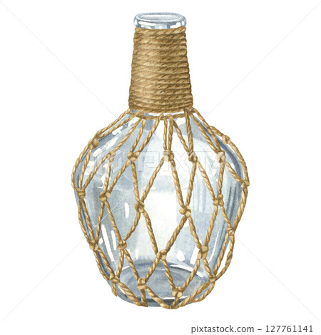 Glass bottle wrapped with a knitted macrame mesh made of jute ropes. Hand drawn watercolor illustration of wide vial with decorative cover on isolated background. For blog about ecology and recycling. Glass bottle wrapped with a knitted macrame mesh made of jute ropes. Hand drawn watercolor illustration of wide vial with decorative cover on isolated background. For blog about ecology and recycling. 127761141