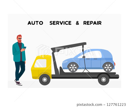 Tow truck transporting blue car with man standing next to it, concept of auto service repair 127761223