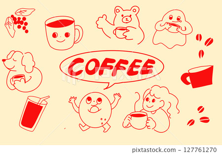 [Coffee material set] Loose hand-drawn illustrations | Cafe / Drinks / Characters included 127761270