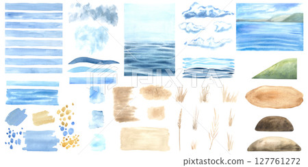 Watercolor set of abstract spots, clouds and seascapes isolated on white background. Green, blue, brown shades with texture paper. Hand drawn illustration of blots and landscape elements for design. 127761272