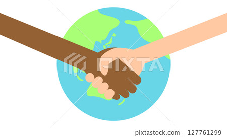 Dark brown and light pink hands shaking in front of the globe 127761299