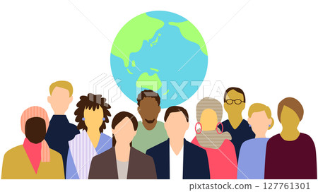 各國人民的上半身以地球為背景排列成一排 各國人民的上半身以地球為背景排列成一排 127761301