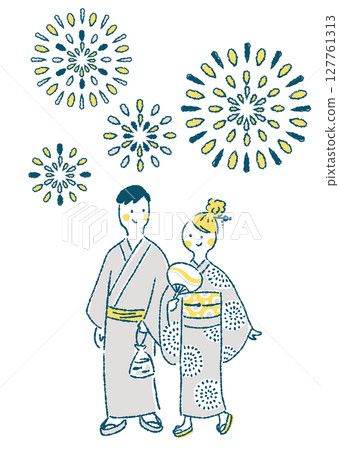 手繪插畫：一對身著浴衣的情侶在夏日祭典上欣賞煙火 127761313