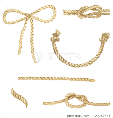 Various ship ropes with knots and bow. Hand drawn watercolor illustration of cords with knots on isolated background. Drawing of hawsers perfect for marine style design, sticker, labels, postcards. 127761361