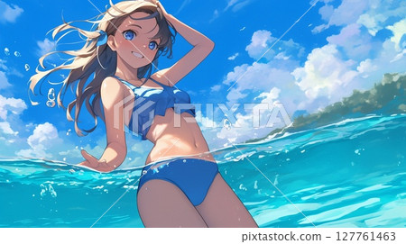 Blonde woman with ocean background 127761463