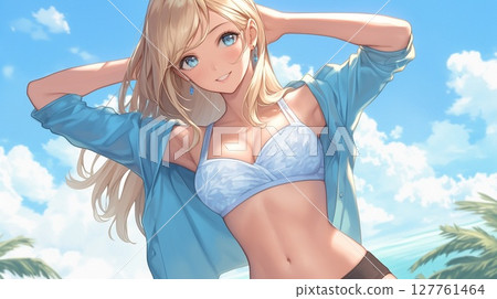 Blonde woman with ocean background 127761464