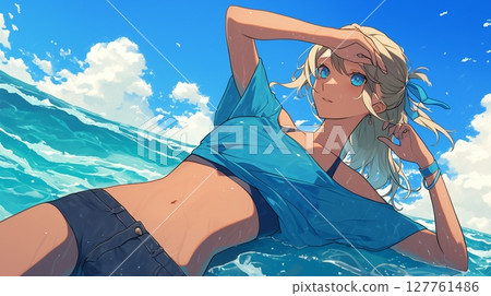 有海洋背景的金髮女人 127761486