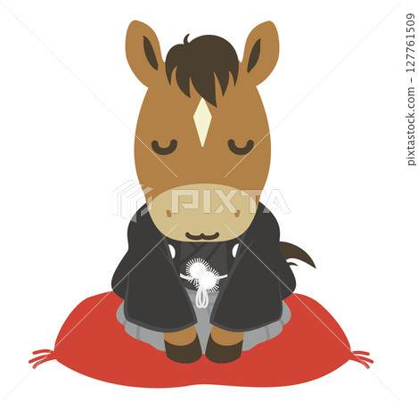 Illustration of a cute horse wearing a kimono, material for New Year's cards for the Year of the Horse Illustration of a cute horse wearing a kimono, material for New Year's cards for the Year of the Horse 127761509
