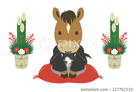 Illustration of a cute horse wearing a kimono and a New Year's pine decoration, material for New Year's cards for the Year of the Horse 127761510