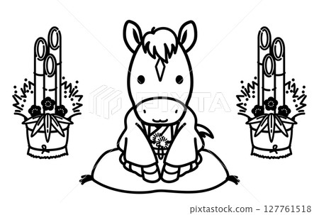 Illustration of a cute horse wearing a kimono and a New Year's pine decoration, material for a New Year's card for the Year of the Horse (monochrome line drawing) Illustration of a cute horse wearing a kimono and a New Year's pine decoration, material for a New Year's card for the Year of the Horse (monochrome line drawing) 127761518