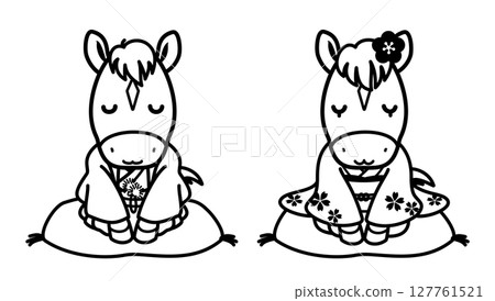 身穿日式服裝的可愛馬夫婦的插圖，馬年新年賀卡材料（單色線條畫） 127761521