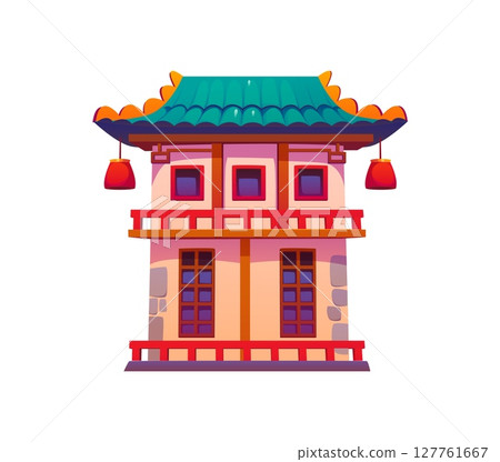 Cartoon Asian building of Chinatown house or temple pagoda, vector architecture. Asian building of shrine tower or oriental palace, Chinese or Japanese and Korean traditional architecture house Cartoon Asian building of Chinatown house or temple pagoda, vector architecture. Asian building of shrine tower or oriental palace, Chinese or Japanese and Korean traditional architecture house 127761667