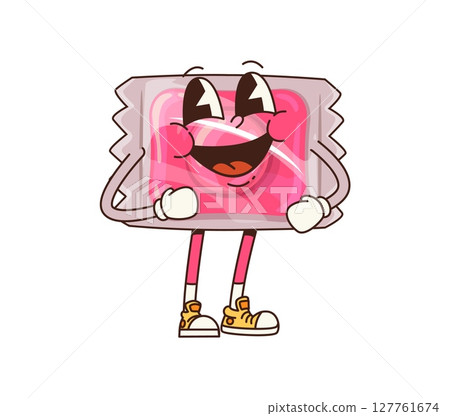 Pink sugar candy or sweet snack groovy cheerful character. Jelly candy cute groovy vector character, caramel snack cheerful character. Confectionery dessert in transparent packaging funny personage 127761674