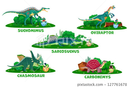 Dinosaur mother with dino kids hatching from eggs in prehistoric Jurassic forest, vector cartoon characters. Prehistoric lizards reptiles and dinosaur mothers with funny newborn dino baby in eggshell 127761678