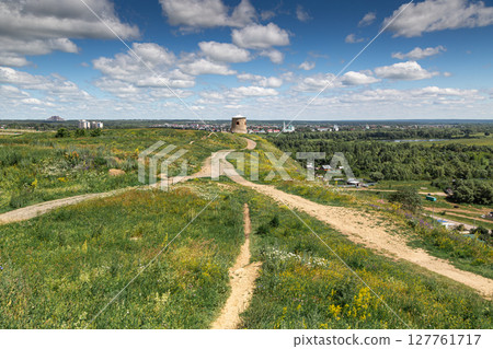 The tower of an ancient Bulgarian fortress on a high cliff on the banks of the Kama River, Elabuga, Tatarstan, Russian Federation 127761717