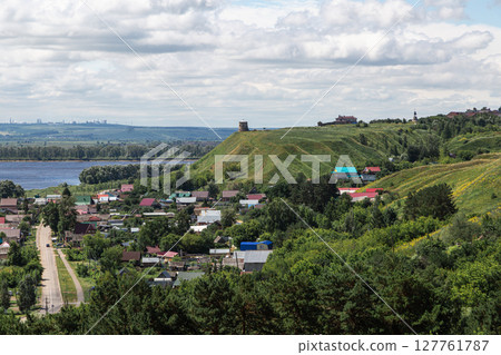 The tower of an ancient Bulgarian fortress on a high cliff on the banks of the Kama River, Elabuga, Tatarstan, Russian Federation 127761787
