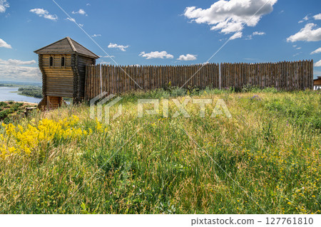 Ancient wooden fortress on a background of river spaces. Russia, Tatarstan, ancient Bulgar fortress in Yelabuga 127761810