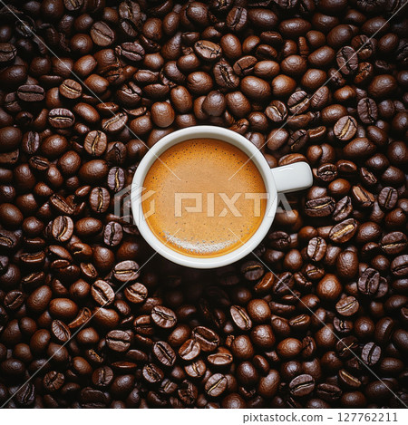 A steaming cup of coffee placed on a bed of roasted coffee beans 127762211