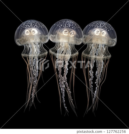 A group of compass jellyfish, gracefully floating against a black background A group of compass jellyfish, gracefully floating against a black background 127762256