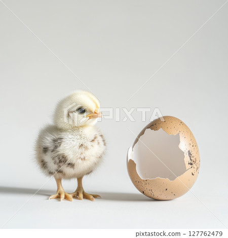 fluffy cute chick with a cracked eggshell 127762479
