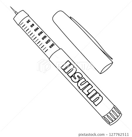 Coloring page with outline drawing of a mechanical insulin pen injector with visible needle, dosage markings, and detached cap. For entertaining kids activity, diabetes mellitus black and white design Coloring page with outline drawing of a mechanical insulin pen injector with visible needle, dosage markings, and detached cap. For entertaining kids activity, diabetes mellitus black and white design 127762511