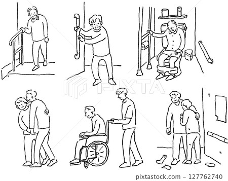 Nursing care, welfare (toilets, handrails, wheelchairs, wandering, etc.), line drawings 127762740