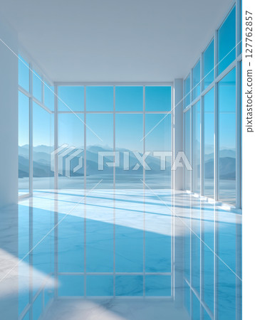 Mountain scenery outside the glass window 127762857