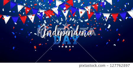Fourth of July Independence Day Sale Banner Design with American Flag Pattern Party Flag on Night Sky Blue Background. 4th of July USA National Holiday Vector Illustration with Typography Elements for 127762897
