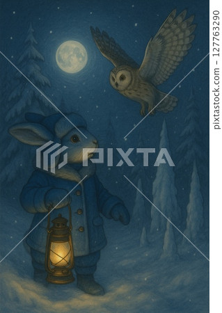 A rabbit and an owl meet on a moonlit night in a snowy landscape Generative AI A rabbit and an owl meet on a moonlit night in a snowy landscape Generative AI 127763290