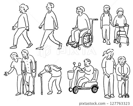 Nursing care, welfare (walking, walker, electric cart, wheelchair, crutches, etc.), line drawing Nursing care, welfare (walking, walker, electric cart, wheelchair, crutches, etc.), line drawing 127763323