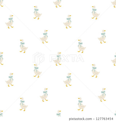 Watercolor seamless pattern with cute white ducks in blue bows. Perfect for baby textiles, nursery wallpaper, kids prints, and gender-neutral fabric design. 127763454