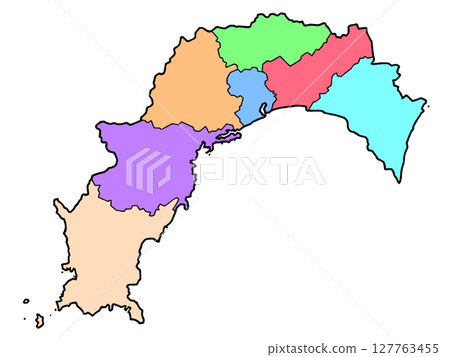 A slightly loose map of Kochi Prefecture, color-coded by region, Shikoku 127763455