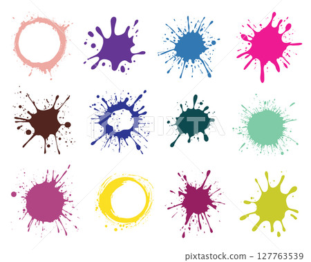 Colorful paint splatters and rings against a white backdrop for artistic use. 127763539