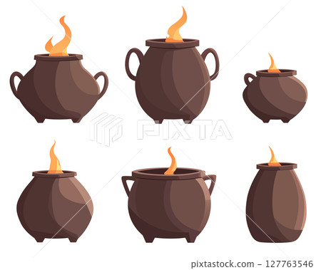 Collection of six cauldrons with flames emanating from inside them. Collection of six cauldrons with flames emanating from inside them. 127763546
