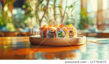 Sushi rolls with salmon and caviar on a wooden board. 127763675
