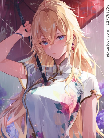 A woman wearing a Chinese dress on a rainy day 127763756