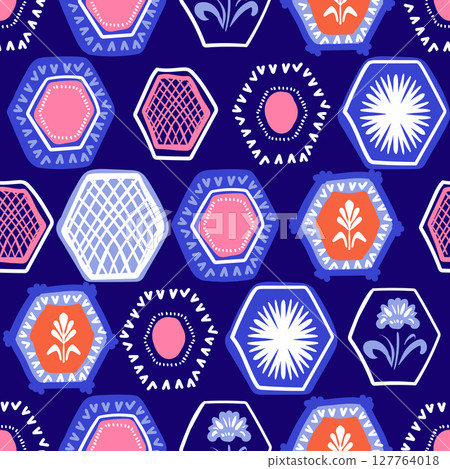 Hexagonal tiles with stylized floral patterns and geometric elements creating seamless vector design on deep blue background Hexagonal tiles with stylized floral patterns and geometric elements creating seamless vector design on deep blue background 127764018