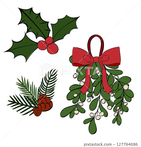 Omela, Holly, pine tree branch and cone composition set. Vector graphic line ink illustration. Christmas celebration. Happy new year. For logo, web, package, sticker. social media, party or sale 127764086